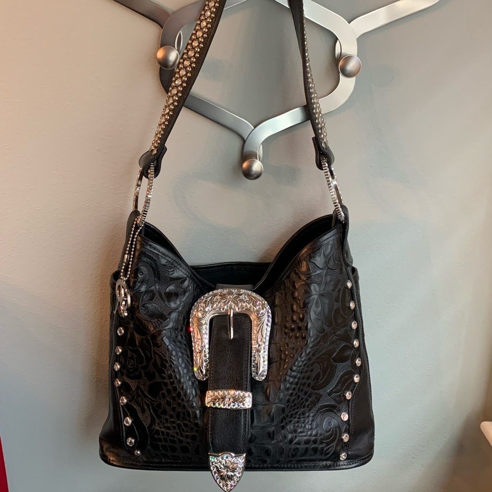 Raviani black leather and rhinestone western bag